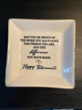 Retirement Gift Small Ceramic Dish Keepsake Trinket Plate 4"x4" Black White Gold